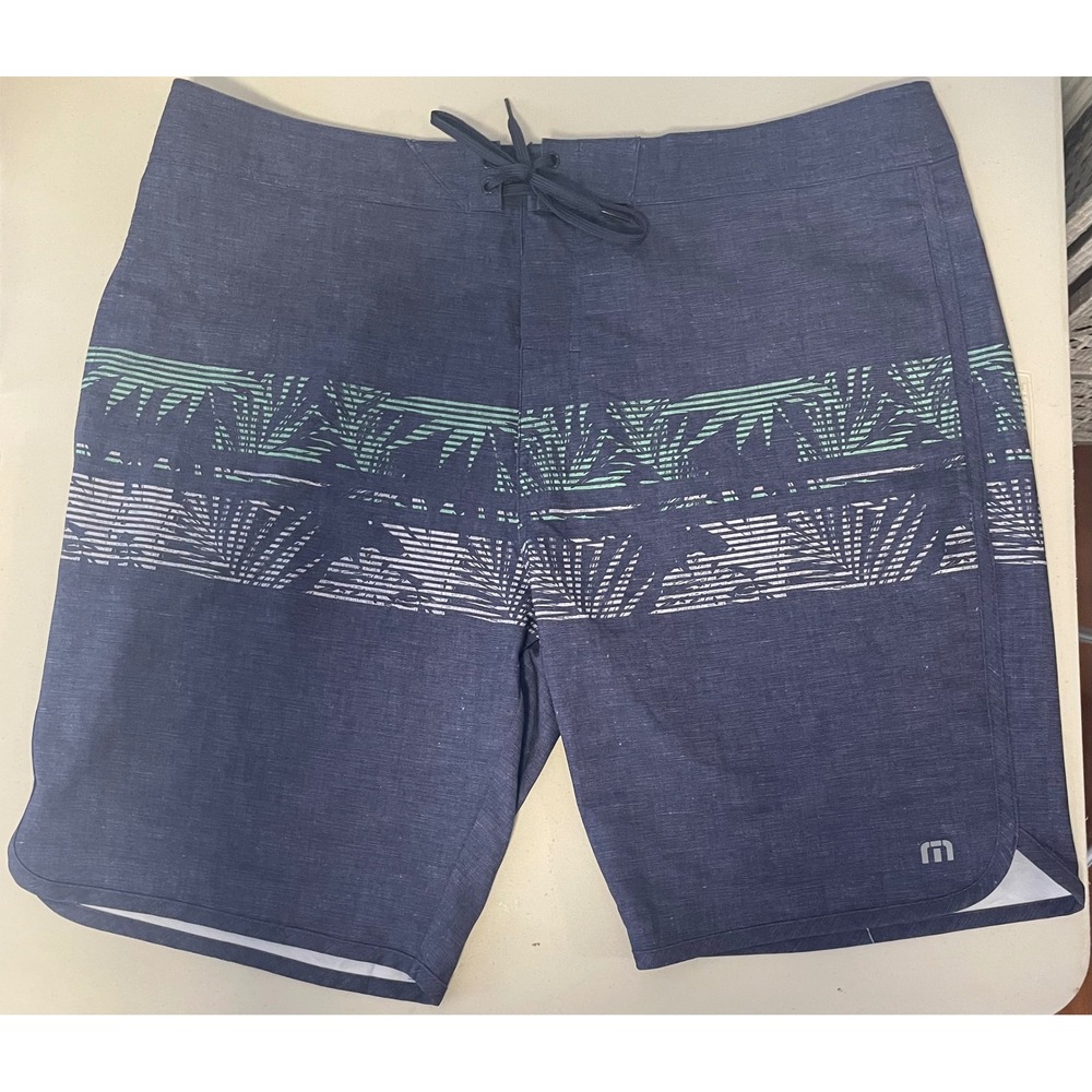 TravisMathew Mens Navy Blue Tropical Palm Print Board Shorts Swim Trunks Size 34